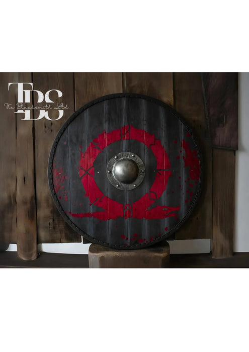 Handmade Viking Shield with Red Design - 24-Inch Wooden Shield for Collectors, Groomsmen, Anniversary & Christmas Gift - TheBlacksmithLtd #