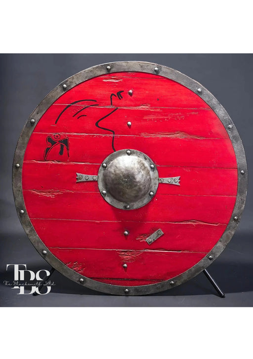 Handmade Red Wooden Viking Shield with Special Design - 24-Inch Collectible, Anniversary Gift, Groomsmen Gift, Christmas Gift - TheBlacksmithLtd #