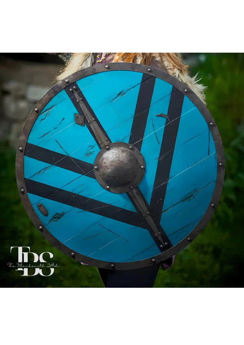 Handmade Blue Wooden Shield with Metal Designs - 24-Inch Viking Shield, Anniversary Gift, Groomsmen Gift, Christmas Gift - TheBlacksmithLtd #