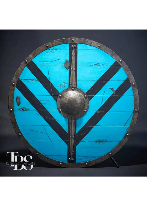 Handmade Blue Wooden Shield with Metal Designs - 24-Inch Viking Shield, Anniversary Gift, Groomsmen Gift, Christmas Gift - TheBlacksmithLtd #