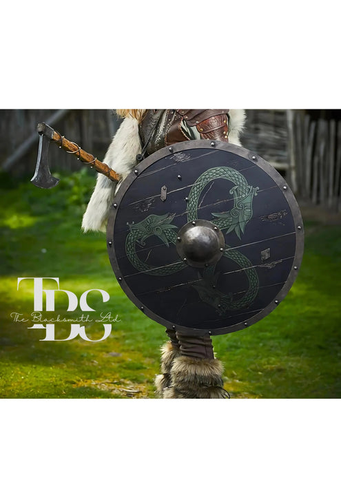Handmade Viking Serpent Wooden Shield - 24-Inch Norse Mythology Decor, Anniversary Gift, Groomsmen Gift, Christmas Gift - TheBlacksmithLtd #