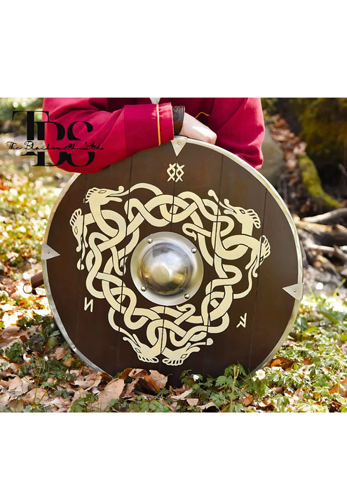 Handmade Anglo-Saxon Wooden Shield with Serpent Motif and Runes - 24-Inch Medieval Decor, Anniversary Gift, Groomsmen Gift, Christmas Gift - TheBlacksmithLtd #