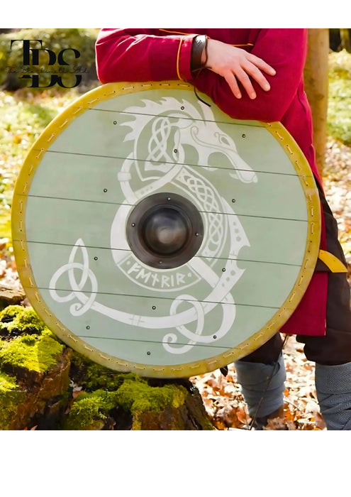 Handmade Viking Fenrir Wooden Shield with Leather Trim - 24-Inch Norse Collectible, Anniversary Gift, Groomsmen Gift, Christmas Gift - TheBlacksmithLtd #