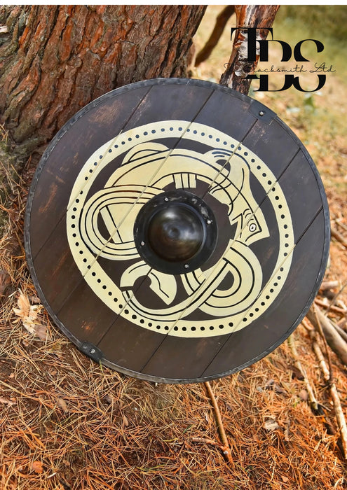 Handmade Wooden Viking Shield with Gripping Beast Design - 24-Inch Norse Mythology Decor, Anniversary Gift, Groomsmen Gift, Christmas Gift - TheBlacksmithLtd #