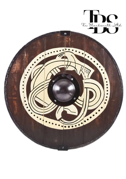 Handmade Wooden Viking Shield with Gripping Beast Design - 24-Inch Norse Mythology Decor, Anniversary Gift, Groomsmen Gift, Christmas Gift - TheBlacksmithLtd #