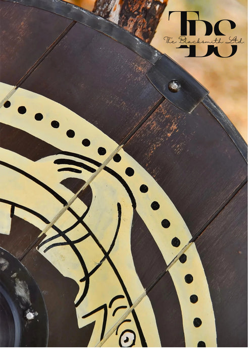 Handmade Wooden Viking Shield with Gripping Beast Design - 24-Inch Norse Mythology Decor, Anniversary Gift, Groomsmen Gift, Christmas Gift - TheBlacksmithLtd #