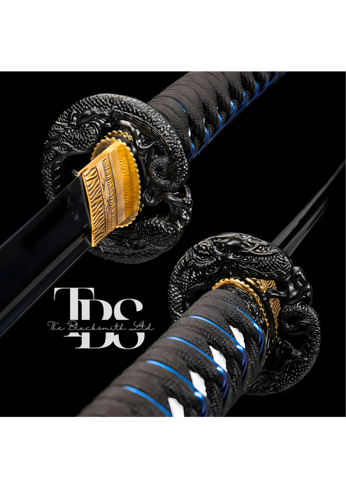 Damascus Steel Katana Sword – Black, Blue, and White Handle & Sword Cover with Dragon-Style Engraved Blade – Full Tang Samurai Sword for Collectors, Anniversaries, Christmas, or Groomsmen Gifts - TheBlacksmithLtd #