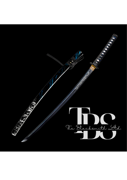 Damascus Steel Katana Sword – Black, Blue, and White Handle & Sword Cover with Dragon-Style Engraved Blade – Full Tang Samurai Sword for Collectors, Anniversaries, Christmas, or Groomsmen Gifts - TheBlacksmithLtd #