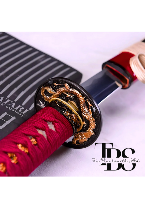 Handmade Damascus Steel Katana Sword – Red Handle and Blade Cover with Black and Gold Detailing Below Handle – Full Tang Samurai Sword for Collectors, Anniversaries, Christmas, or Groomsmen Gifts - TheBlacksmithLtd #