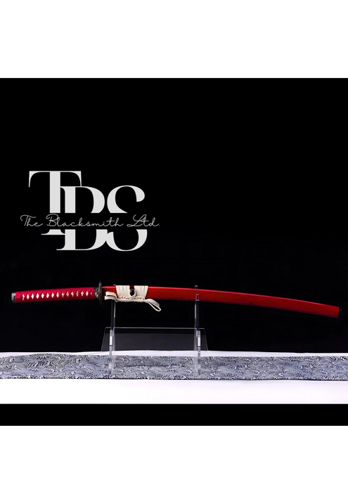 Handmade Damascus Steel Katana Sword – Red Handle and Blade Cover with Black and Gold Detailing Below Handle – Full Tang Samurai Sword for Collectors, Anniversaries, Christmas, or Groomsmen Gifts - TheBlacksmithLtd #