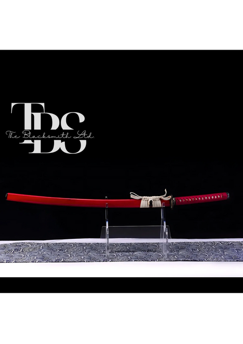 Handmade Damascus Steel Katana Sword – Red Handle and Blade Cover with Black and Gold Detailing Below Handle – Full Tang Samurai Sword for Collectors, Anniversaries, Christmas, or Groomsmen Gifts - TheBlacksmithLtd #