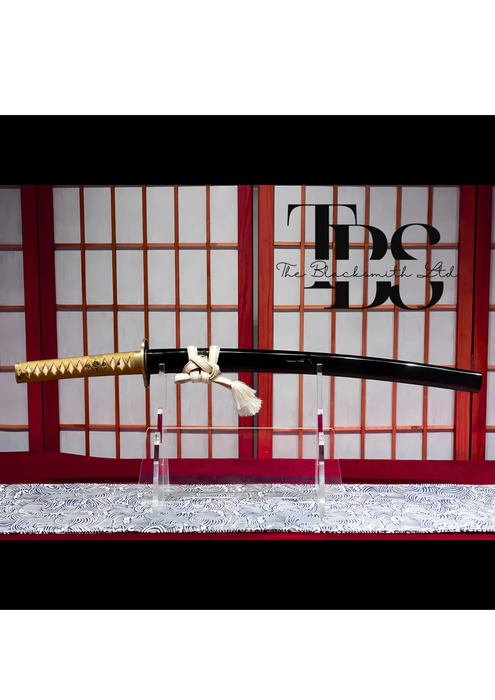 Handmade Damascus Steel Katana Sword – Golden Handle with Black Blade Cover and Gold and Black Detailing Below Handle – Full Tang Samurai Sword for Collectors, Anniversaries, Christmas, or Groomsmen Gifts - TheBlacksmithLtd #