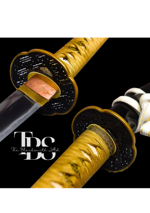 Handmade Damascus Steel Katana Sword – Golden Handle with Black Blade Cover and Gold and Black Detailing Below Handle – Full Tang Samurai Sword for Collectors, Anniversaries, Christmas, or Groomsmen Gifts - TheBlacksmithLtd #