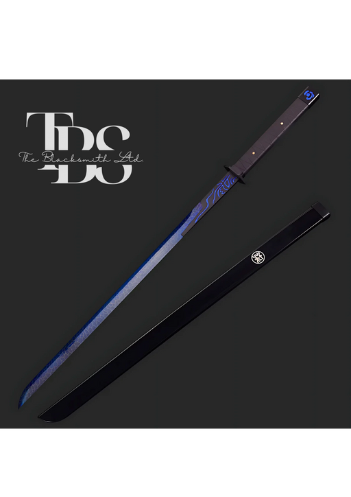 Handmade Damascus Steel Katana Sword – Black Handle and Blade Cover – Black or White Blade with Blue Printed Elegant Design – Full Tang Samurai Sword for Collectors, Anniversaries, Christmas, or Groomsmen Gifts - TheBlacksmithLtd #