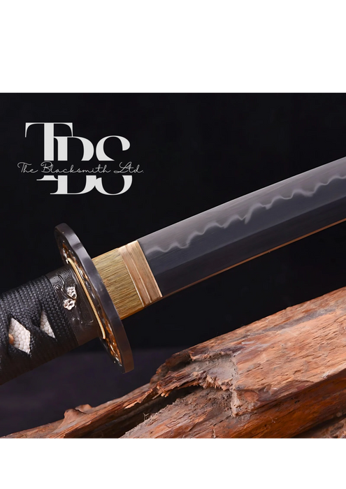 Handmade Damascus Steel Katana Sword – Black Handle with Black and Golden Detailing Near Handle – Red Blade Cover – Full Tang Samurai Sword for Collectors, Anniversaries, Christmas, or Groomsmen Gifts - TheBlacksmithLtd #