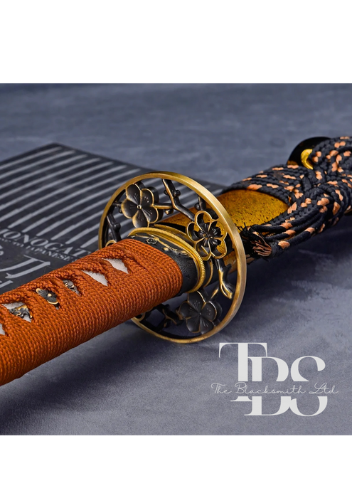 Handcrafted Damascus Steel Katana Sword with Brown Handle, Golden Blade Cover with Lace and Golden Detailing, Customizable Engravings, Elegant Wooden Blade Cover – Perfect for Anniversary, Groomsmen Gifts, Christmas Gifts, and Collectors - TheBlacksmithLtd #