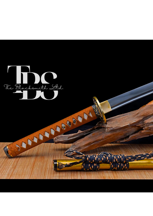 Handcrafted Damascus Steel Katana Sword with Brown Handle, Golden Blade Cover with Lace and Golden Detailing, Customizable Engravings, Elegant Wooden Blade Cover – Perfect for Anniversary, Groomsmen Gifts, Christmas Gifts, and Collectors - TheBlacksmithLtd #