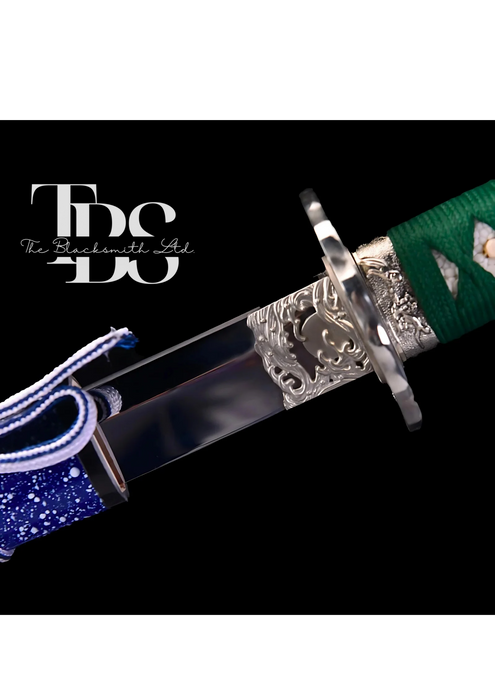 Handcrafted Damascus Steel Katana Sword with Green Handle, Bluish Blade Cover with Lace and Silver Detailing Below Handle, Customizable Engravings – Ideal for Anniversary, Groomsmen Gifts, Christmas Gifts, and Collectors - TheBlacksmithLtd #