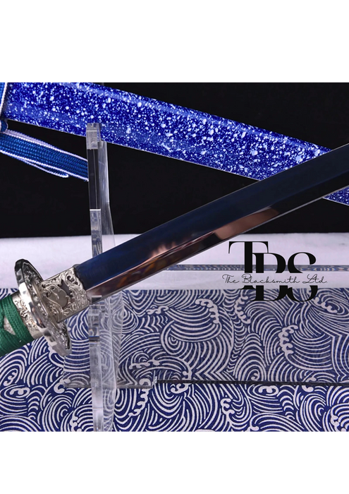 Handcrafted Damascus Steel Katana Sword with Green Handle, Bluish Blade Cover with Lace and Silver Detailing Below Handle, Customizable Engravings – Ideal for Anniversary, Groomsmen Gifts, Christmas Gifts, and Collectors - TheBlacksmithLtd #