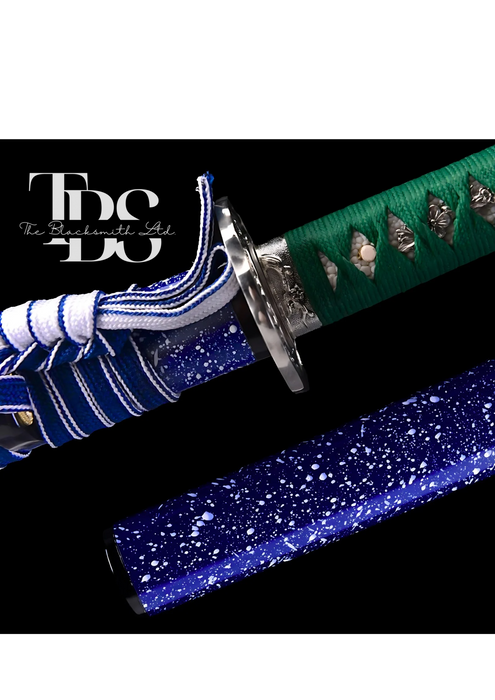 Handcrafted Damascus Steel Katana Sword with Green Handle, Bluish Blade Cover with Lace and Silver Detailing Below Handle, Customizable Engravings – Ideal for Anniversary, Groomsmen Gifts, Christmas Gifts, and Collectors - TheBlacksmithLtd #