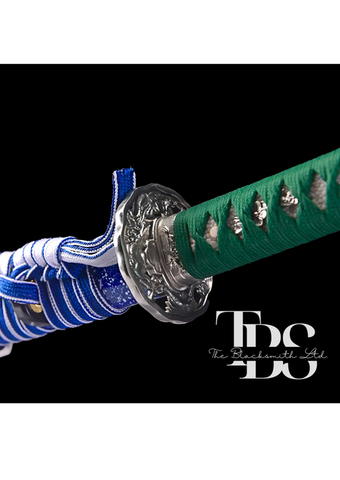 Handcrafted Damascus Steel Katana Sword with Green Handle, Bluish Blade Cover with Lace and Silver Detailing Below Handle, Customizable Engravings – Ideal for Anniversary, Groomsmen Gifts, Christmas Gifts, and Collectors - TheBlacksmithLtd #