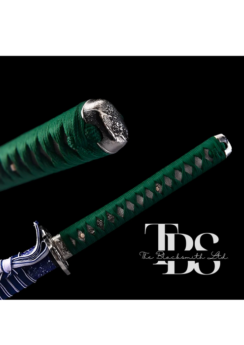 Handcrafted Damascus Steel Katana Sword with Green Handle, Bluish Blade Cover with Lace and Silver Detailing Below Handle, Customizable Engravings – Ideal for Anniversary, Groomsmen Gifts, Christmas Gifts, and Collectors - TheBlacksmithLtd #