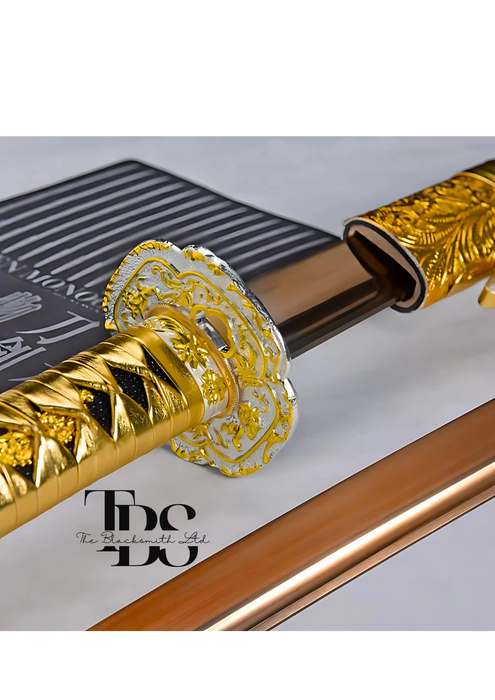 Handcrafted Damascus Steel Katana Sword with Golden Handle, Golden Blade Cover, and Intricate Golden Detailing – Customizable Engravings for Anniversary, Groomsmen Gifts, Christmas Gifts, and Collectors - TheBlacksmithLtd #