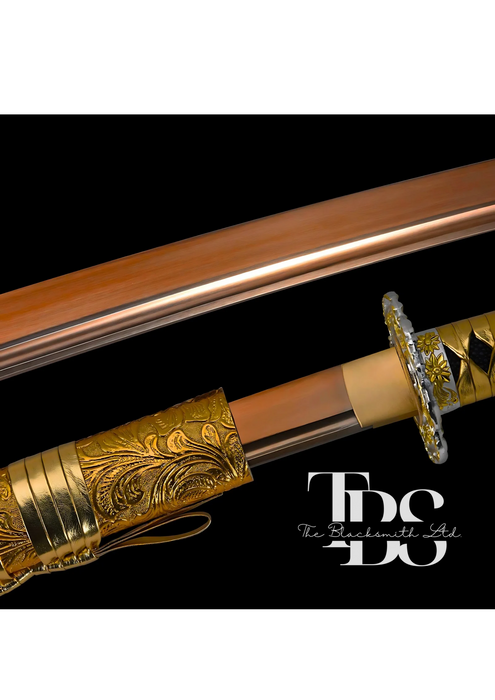 Handcrafted Damascus Steel Katana Sword with Golden Handle, Golden Blade Cover, and Intricate Golden Detailing – Customizable Engravings for Anniversary, Groomsmen Gifts, Christmas Gifts, and Collectors - TheBlacksmithLtd #