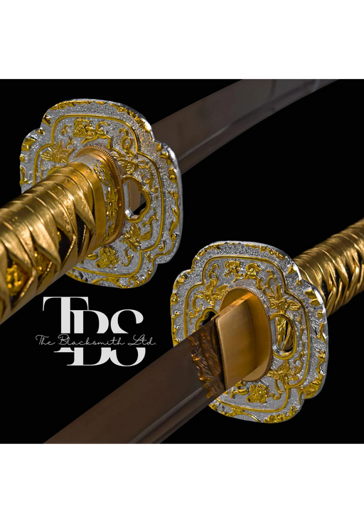 Handcrafted Damascus Steel Katana Sword with Golden Handle, Golden Blade Cover, and Intricate Golden Detailing – Customizable Engravings for Anniversary, Groomsmen Gifts, Christmas Gifts, and Collectors - TheBlacksmithLtd #