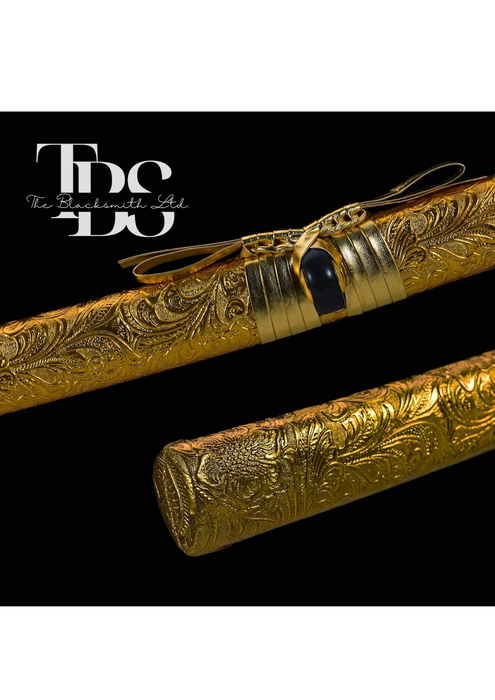 Handcrafted Damascus Steel Katana Sword with Golden Handle, Golden Blade Cover, and Intricate Golden Detailing – Customizable Engravings for Anniversary, Groomsmen Gifts, Christmas Gifts, and Collectors - TheBlacksmithLtd #