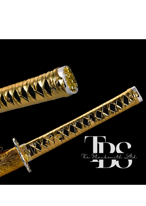 Handcrafted Damascus Steel Katana Sword with Golden Handle, Golden Blade Cover, and Intricate Golden Detailing – Customizable Engravings for Anniversary, Groomsmen Gifts, Christmas Gifts, and Collectors - TheBlacksmithLtd #