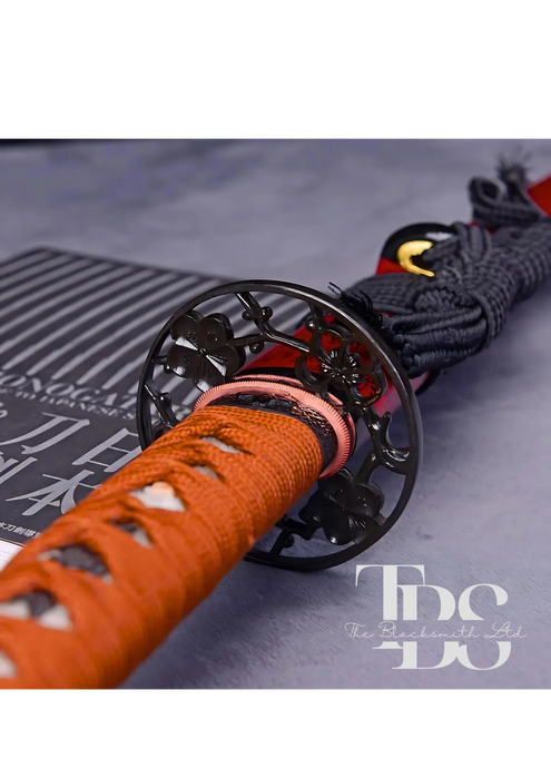 Handcrafted Damascus Steel Katana Sword with orange Handle, Red Blade Cover with Lace, and Black Detailing – Customizable Engravings for Anniversary, Groomsmen Gifts, Christmas Gifts, and Collectors - TheBlacksmithLtd #