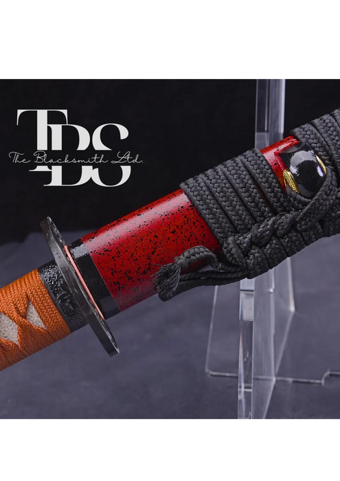 Handcrafted Damascus Steel Katana Sword with orange Handle, Red Blade Cover with Lace, and Black Detailing – Customizable Engravings for Anniversary, Groomsmen Gifts, Christmas Gifts, and Collectors - TheBlacksmithLtd #