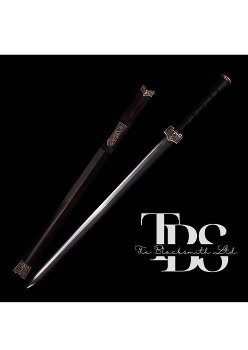 Handcrafted Damascus Steel Katana Sword with Black Handle and Golden Detailing, Dark Brown Blade Cover with Golden Accents, and Stylish Blade Design – Customizable Engravings for Anniversary, Groomsmen Gifts, Christmas Gifts, and Collectors - TheBlacksmithLtd #