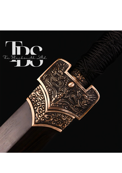 Handcrafted Damascus Steel Katana Sword with Black Handle and Golden Detailing, Dark Brown Blade Cover with Golden Accents, and Stylish Blade Design – Customizable Engravings for Anniversary, Groomsmen Gifts, Christmas Gifts, and Collectors - TheBlacksmithLtd #