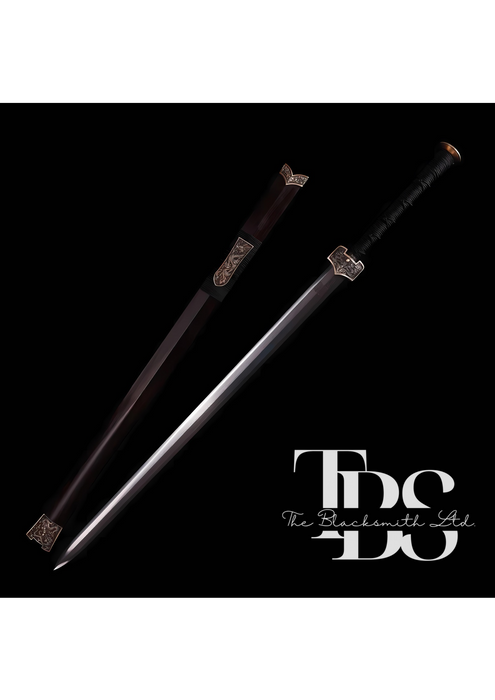 Handcrafted Damascus Steel Katana Sword with Black Handle and Golden Detailing, Dark Brown Blade Cover with Golden Accents, and Stylish Blade Design – Customizable Engravings for Anniversary, Groomsmen Gifts, Christmas Gifts, and Collectors - TheBlacksmithLtd #