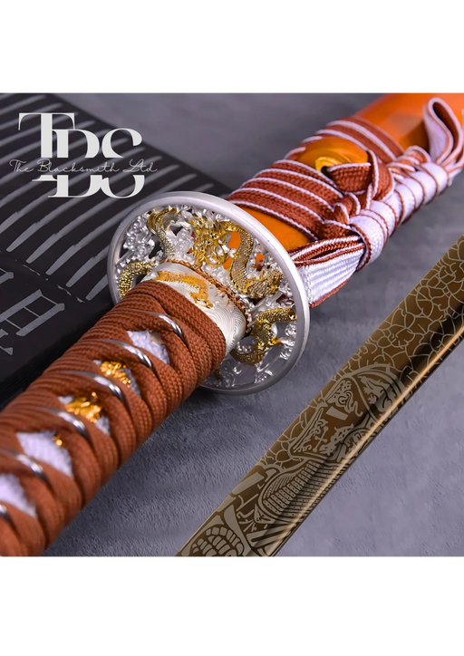 Handcrafted Damascus Steel Katana Sword with Brown Threaded Handle, Orange Blade Cover with Dragon Design and Lace, Golden and Silver Detailing Below Handle, and Sharp Blade with Special Design – Customizable for Anniversary, Groomsmen Gifts, and Christma - TheBlacksmithLtd #