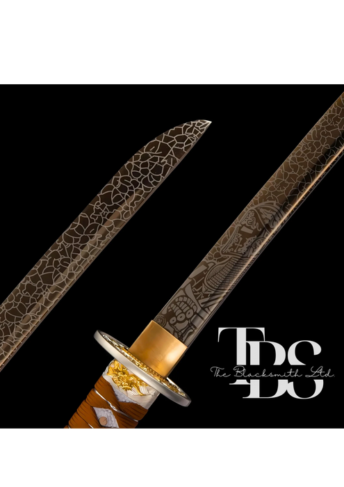 Handcrafted Damascus Steel Katana Sword with Brown Threaded Handle, Orange Blade Cover with Dragon Design and Lace, Golden and Silver Detailing Below Handle, and Sharp Blade with Special Design – Customizable for Anniversary, Groomsmen Gifts, and Christma - TheBlacksmithLtd #