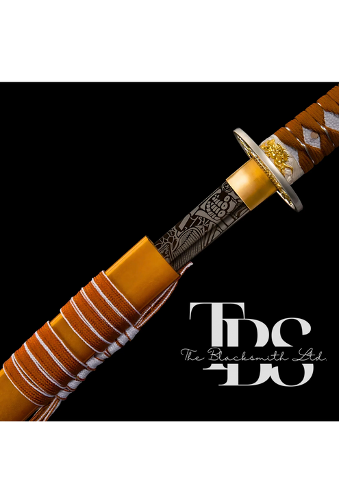 Handcrafted Damascus Steel Katana Sword with Brown Threaded Handle, Orange Blade Cover with Dragon Design and Lace, Golden and Silver Detailing Below Handle, and Sharp Blade with Special Design – Customizable for Anniversary, Groomsmen Gifts, and Christma - TheBlacksmithLtd #