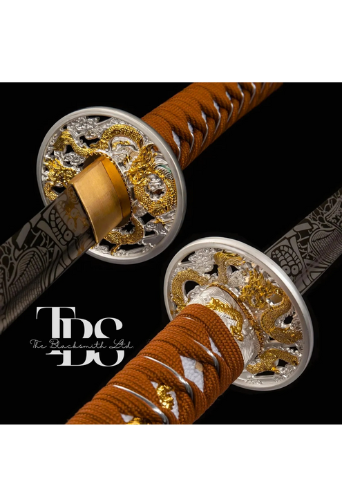 Handcrafted Damascus Steel Katana Sword with Brown Threaded Handle, Orange Blade Cover with Dragon Design and Lace, Golden and Silver Detailing Below Handle, and Sharp Blade with Special Design – Customizable for Anniversary, Groomsmen Gifts, and Christma - TheBlacksmithLtd #