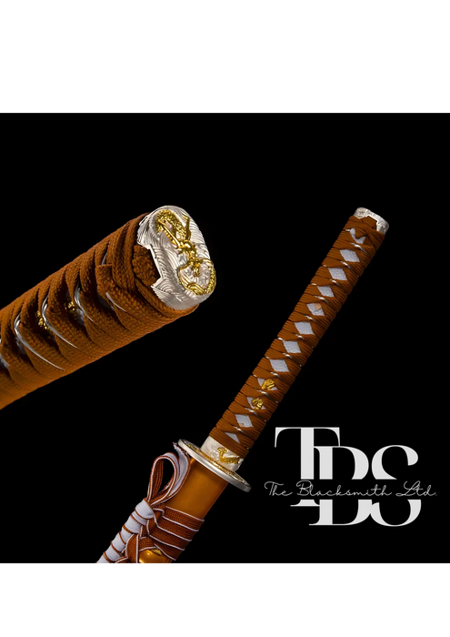 Handcrafted Damascus Steel Katana Sword with Brown Threaded Handle, Orange Blade Cover with Dragon Design and Lace, Golden and Silver Detailing Below Handle, and Sharp Blade with Special Design – Customizable for Anniversary, Groomsmen Gifts, and Christma - TheBlacksmithLtd #