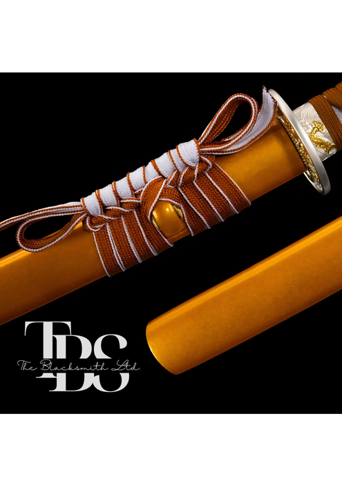 Handcrafted Damascus Steel Katana Sword with Brown Threaded Handle, Orange Blade Cover with Dragon Design and Lace, Golden and Silver Detailing Below Handle, and Sharp Blade with Special Design – Customizable for Anniversary, Groomsmen Gifts, and Christma - TheBlacksmithLtd #