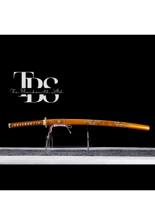 Handcrafted Damascus Steel Katana Sword with Brown Threaded Handle, Orange Blade Cover with Dragon Design and Lace, Golden and Silver Detailing Below Handle, and Sharp Blade with Special Design – Customizable for Anniversary, Groomsmen Gifts, and Christma - TheBlacksmithLtd #