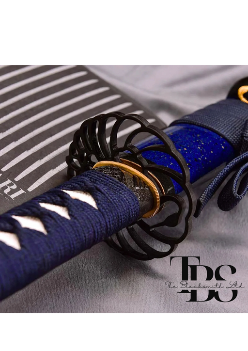 Handcrafted Damascus Steel Katana Sword with Blue Threaded Handle, Blue Blade Cover, and Black Detailing – Customizable Engravings for Anniversary, Groomsmen Gifts, Christmas Gifts, and Collectors - TheBlacksmithLtd #