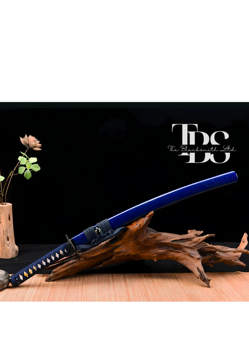 Handcrafted Damascus Steel Katana Sword with Blue Threaded Handle, Blue Blade Cover, and Black Detailing – Customizable Engravings for Anniversary, Groomsmen Gifts, Christmas Gifts, and Collectors - TheBlacksmithLtd #