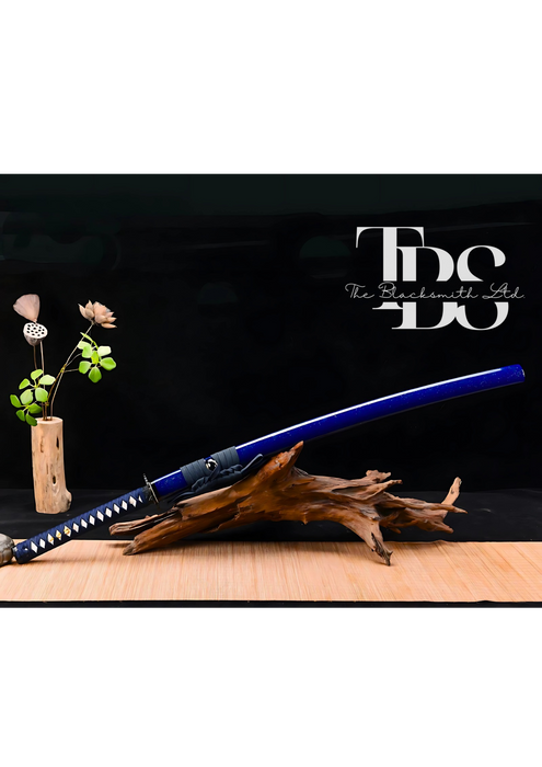 Handcrafted Damascus Steel Katana Sword with Blue Threaded Handle, Blue Blade Cover, and Black Detailing – Customizable Engravings for Anniversary, Groomsmen Gifts, Christmas Gifts, and Collectors - TheBlacksmithLtd #