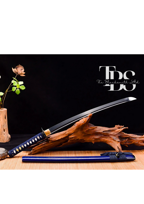 Handcrafted Damascus Steel Katana Sword with Blue Threaded Handle, Blue Blade Cover, and Black Detailing – Customizable Engravings for Anniversary, Groomsmen Gifts, Christmas Gifts, and Collectors - TheBlacksmithLtd #