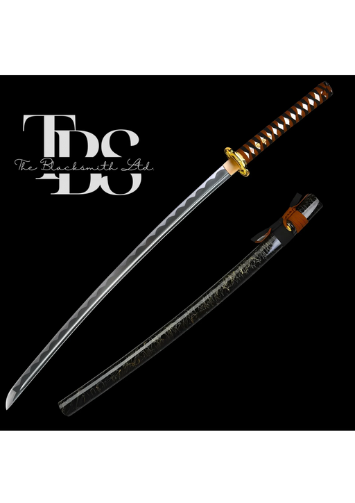 Handcrafted Damascus Steel Katana Sword with Black Blade Cover Featuring Golden Design and Brown Lace, Handle with Black and Brown Threads and Golden Detailing, and Elegant Shiny Sharp Blade – Customizable for Anniversary, Groomsmen Gifts, and Christmas - TheBlacksmithLtd #