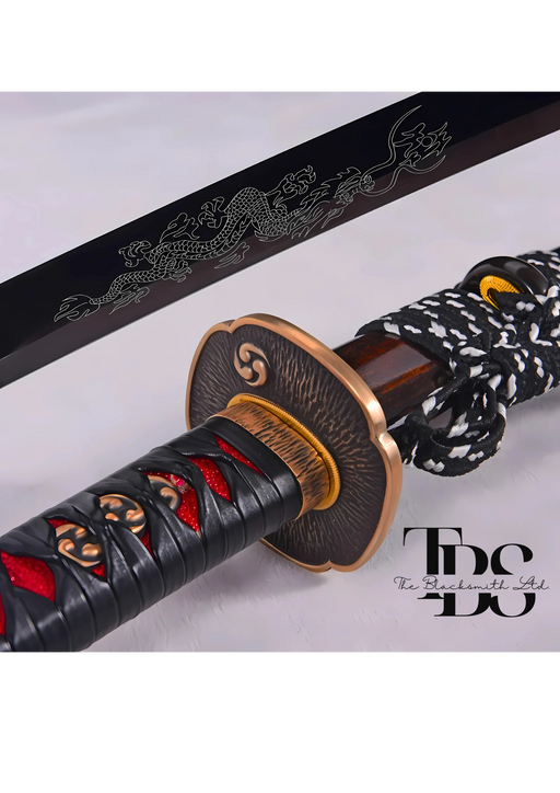 Handcrafted Damascus Steel Katana Sword with Black and Red Threaded Handle, Dragon-Engraved Blade, Copper Detailing, and Dark Brown Shiny Blade Cover with Lace – Customizable for Anniversary, Groomsmen Gifts, Christmas Gifts, and Collectors - TheBlacksmithLtd #