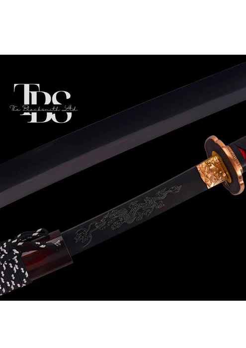 Handcrafted Damascus Steel Katana Sword with Black and Red Threaded Handle, Dragon-Engraved Blade, Copper Detailing, and Dark Brown Shiny Blade Cover with Lace – Customizable for Anniversary, Groomsmen Gifts, Christmas Gifts, and Collectors - TheBlacksmithLtd #